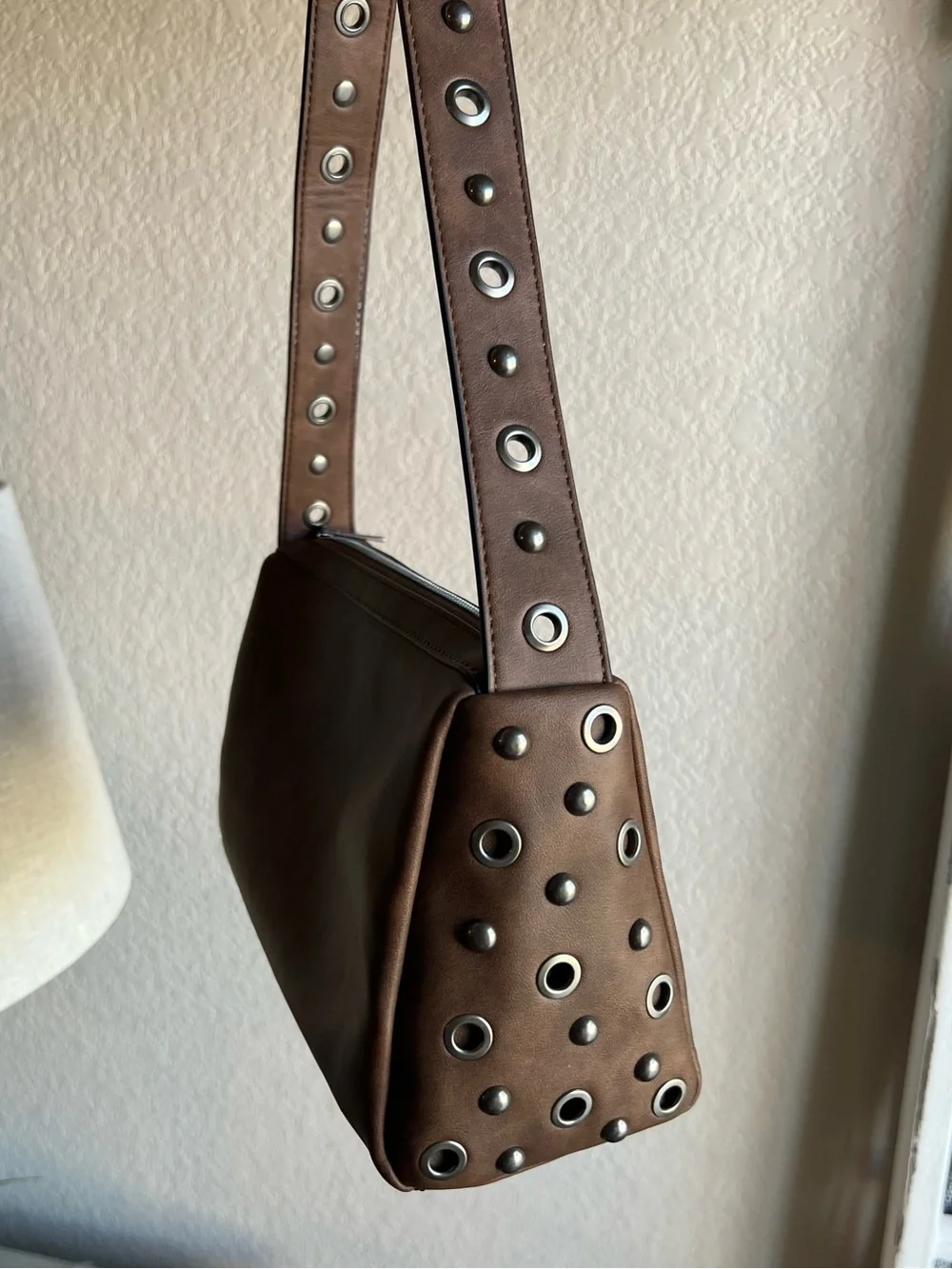 Brown Rectangular Shoulder Bag with Studded Strap - Brand New